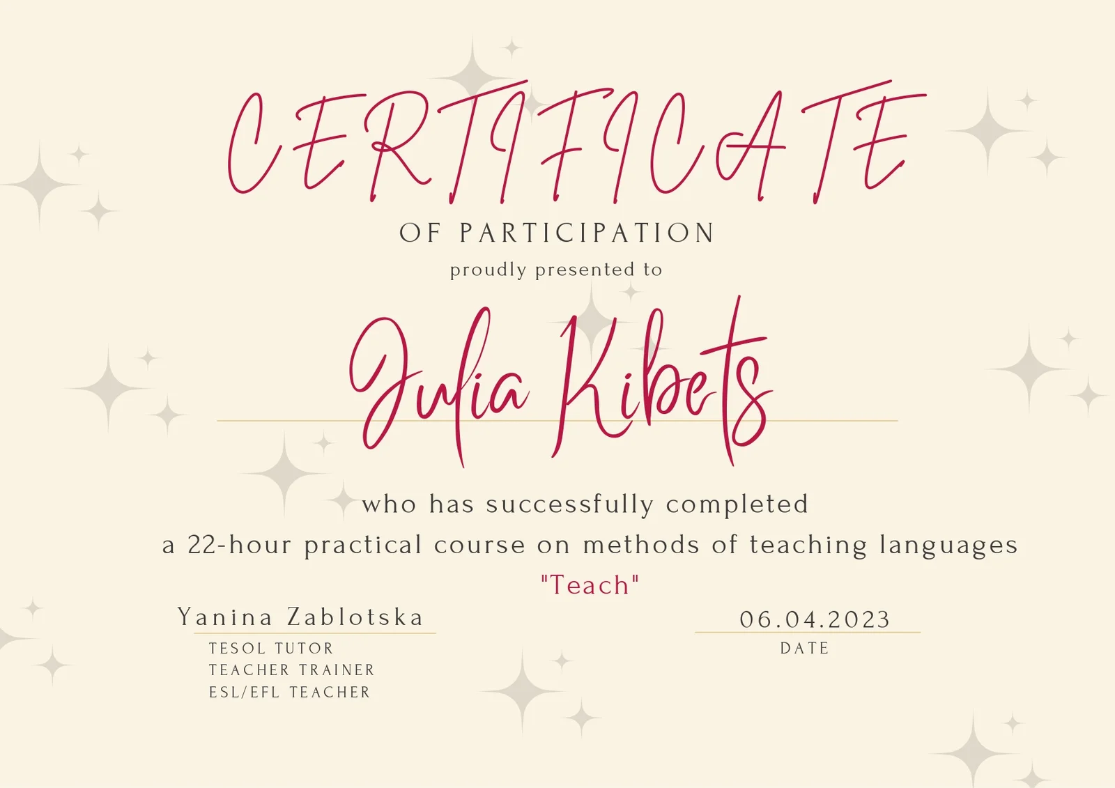 Certificate &mdash; Teach (22-hour course)